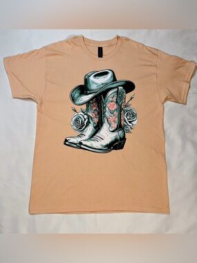 Cowboy Boots & Hat Graphic Tee - Peach with Teal & Pink Accents New Without Tag